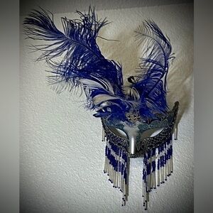 Vintage Venezia Hand Painted Masquerade Mask Wall Hanging with Feathers & Beads